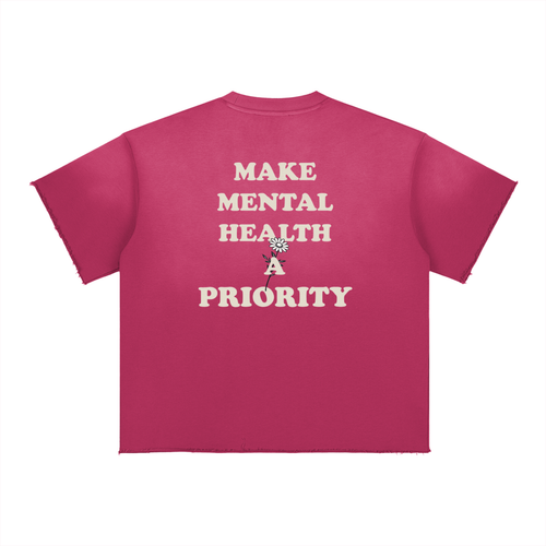 Make Mental Health a Priority Faded Raw Edge Pink T-Shirt